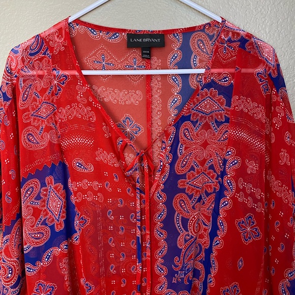 Lane Bryant Sheer American Paisley Tassel Tie Blouse - Picture 4 of 12